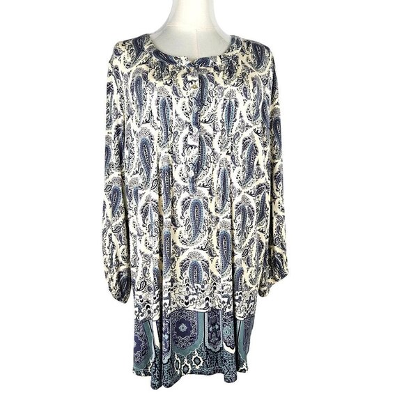 Rose + Olive Womens 1X Paisley Border Boho Print Tunic Top Blue & White - Picture 1 of 9